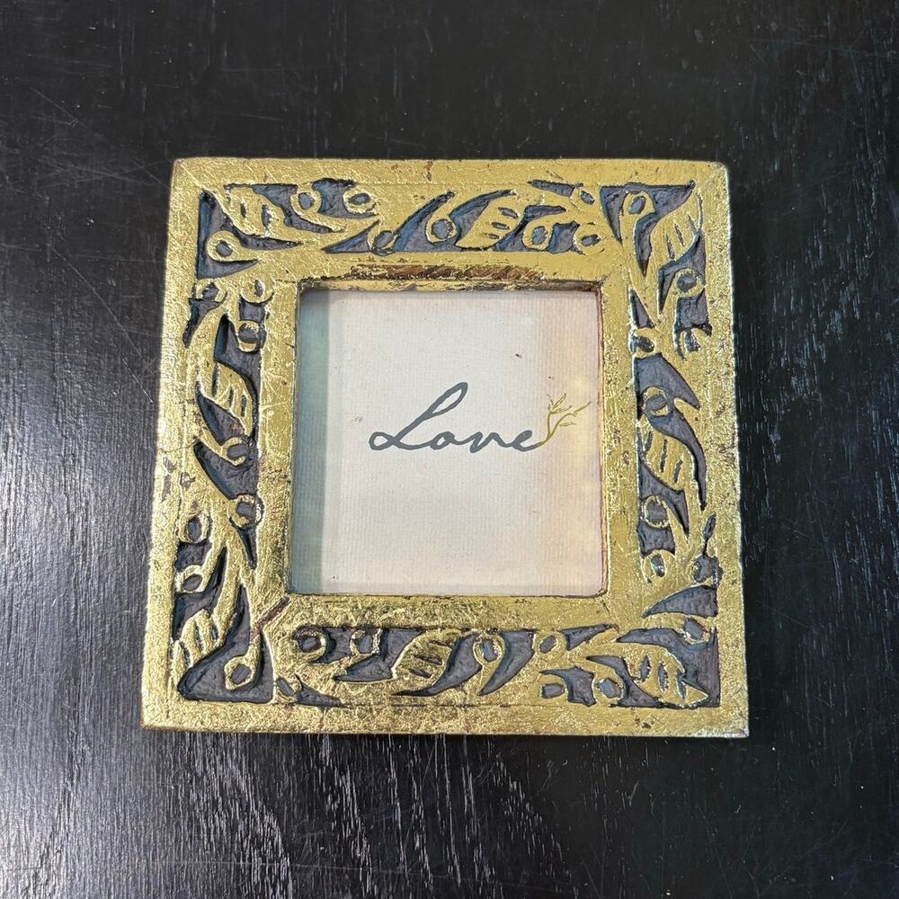 Mini Wooden Photo Frame- Golden Carved Detailing- Square 4.5x4.5 Hang or Stand